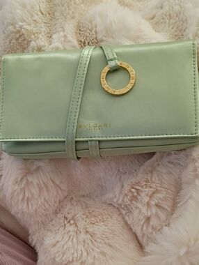 Bulgari Pale Mint Leather Wallet with Gold Ring Accent